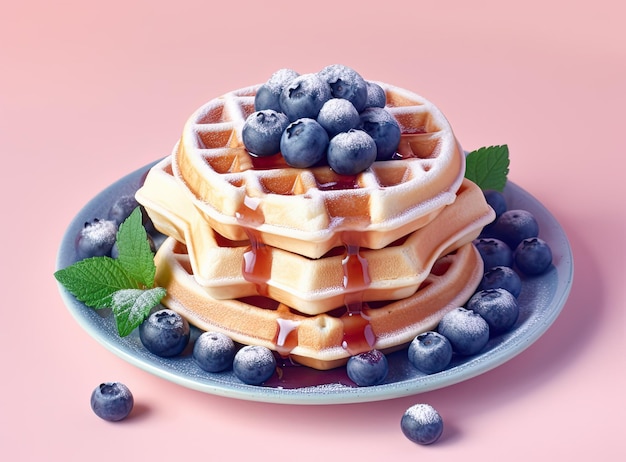 Waffles with cream cheese and fresh blueberries healthy food breakfast Waffles with berries Created with Generative AI technology