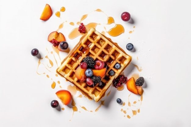 Waffles with ice cream caramel sauce and fresh berries on white background Top view Flat lay Ai generative