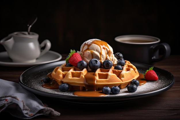 Waffles with ice cream caramel sauce and fresh berries on wooden table Ai generative