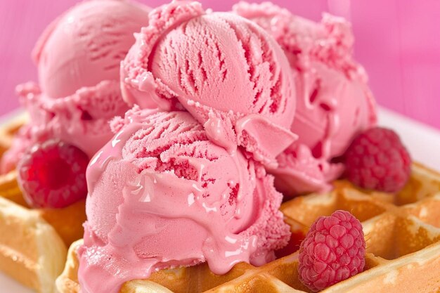 Waffles with pink creamy ice cream