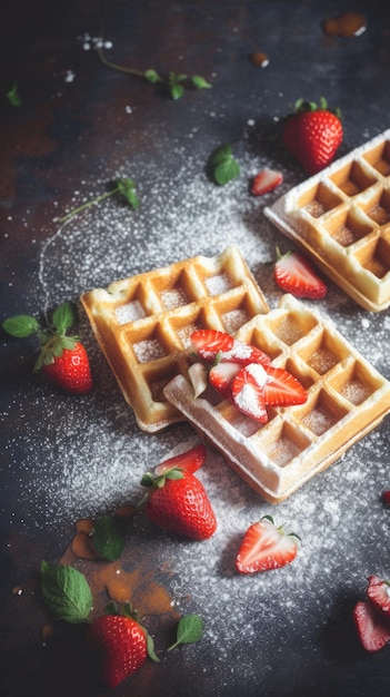 Waffles with strawberries Illustration AI GenerativexA