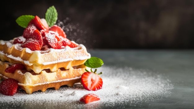 Waffles with strawberries Illustration AI GenerativexA