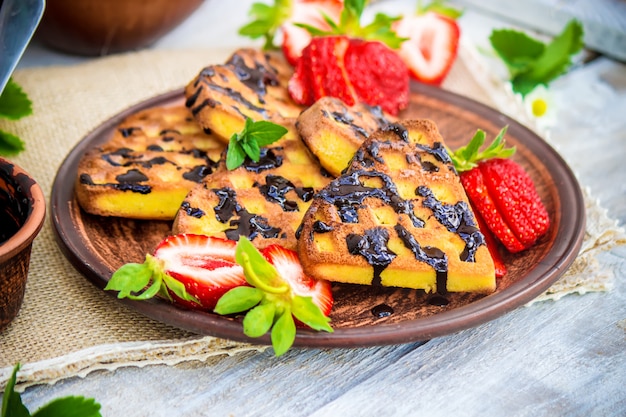 Waffles with strawberries. Selective focus. food and drink.