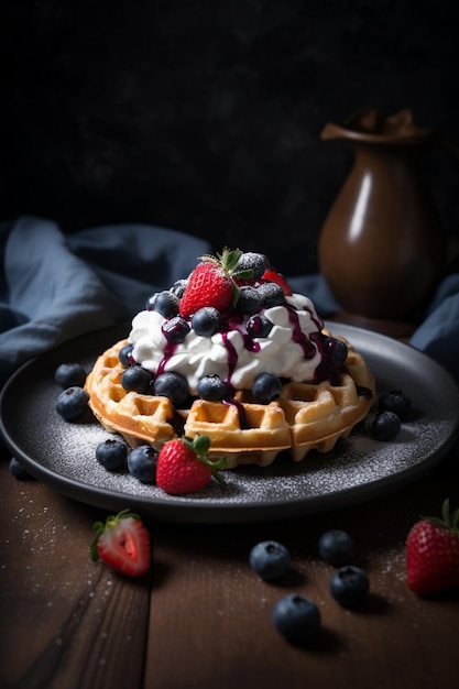 Waffles with whipped cream and blueberries on a dark background.