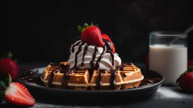 Waffles with whipped cream and strawberries on a plate