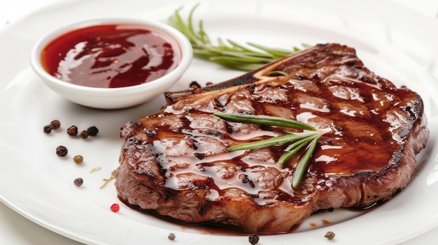 Wagyu steak is served on a white plate with spices and sauce