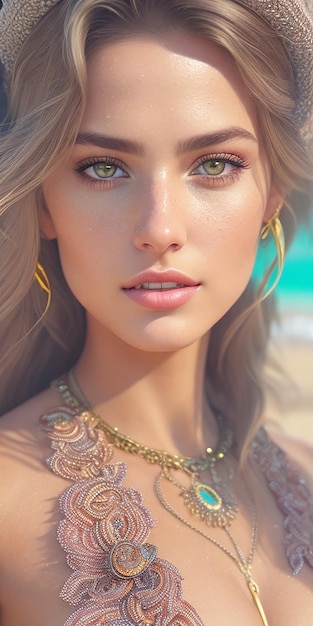 Waist high Portrait of an exotic beautiful caucasian woman wearing trendy clothing at a beach