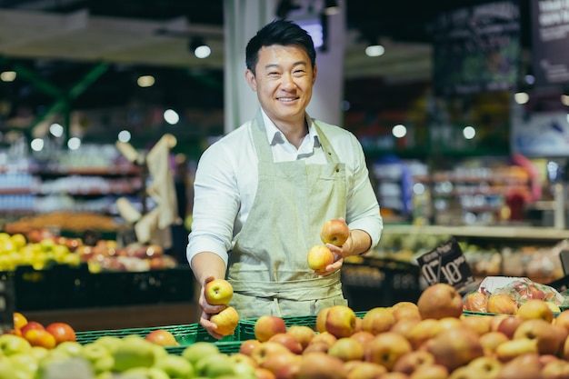 Waist up portrait of a handsome asian handsome man working in a supermarket and smiling at the