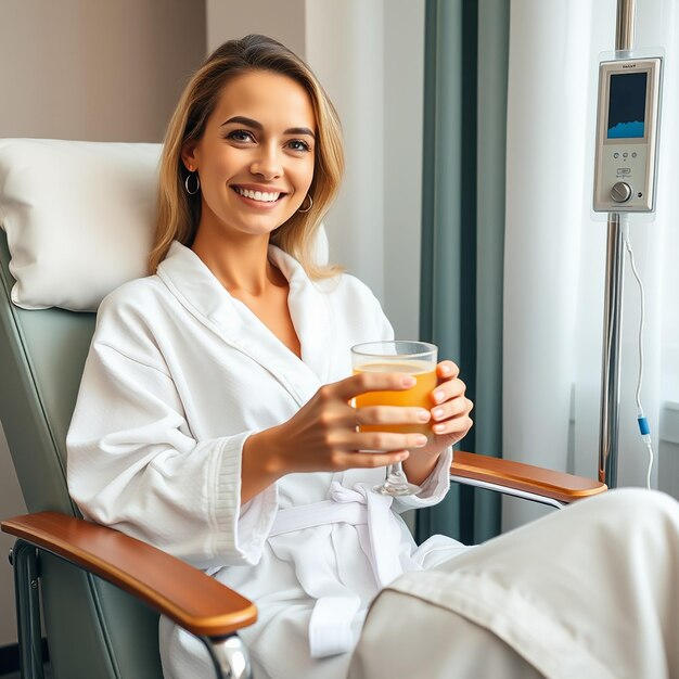 Photo waist up portrait view of the charming woman in white bathrobe sitting in armchair and receiving iv infusion she is holding glass of lemon beverage and smiling