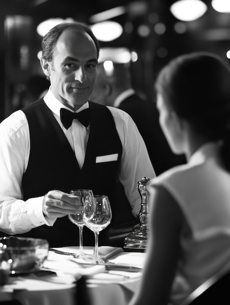 Waiter in Black and White Uniform Serving Guests