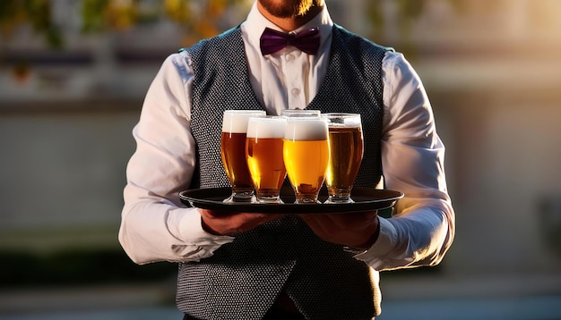 Photo waiter carrying beers