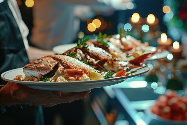 Waiter carrying plates with fish dish on some festive event party or wedding reception restaurant