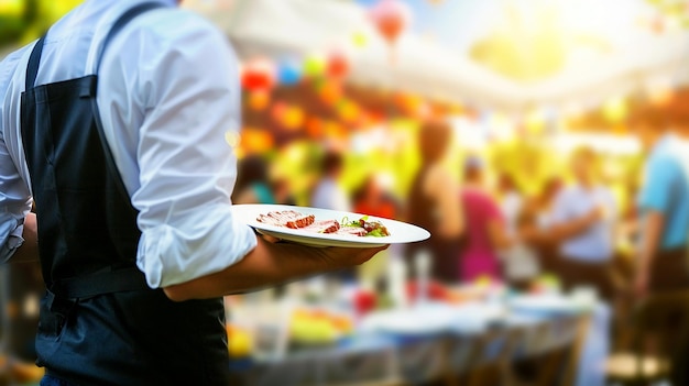 Photo waiter carrying plates with meat dish