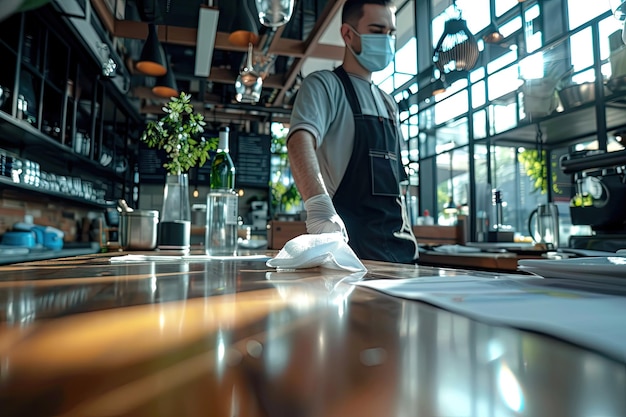 Photo waiter cleaning the table with disinfectant spray and microfiber cloth in cafe