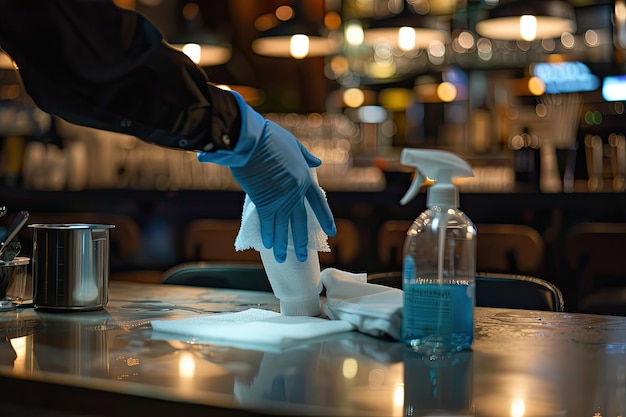 Photo waiter cleaning the table with disinfectant spray and microfiber cloth in cafe