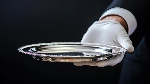 Photo waiter holding empty plate in gloved hand