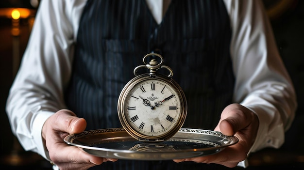 Waiter holding silver platter with old pocket watch