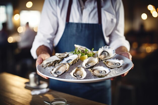 Waiter holding a tray of oysters