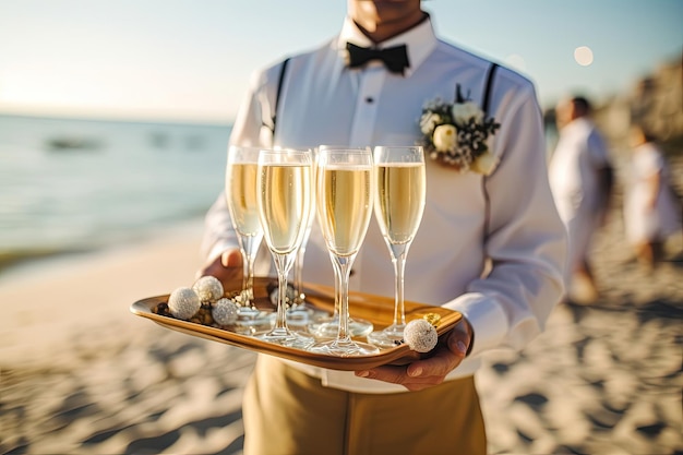 Waiter at a party carrying a tray with champagne or wine glasses Outdoor wedding party on the beach Generative AI