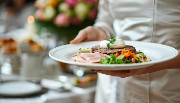 Waiter presenting gourmet meat dishes at upscale event enhancing party ambiance in elegant setting