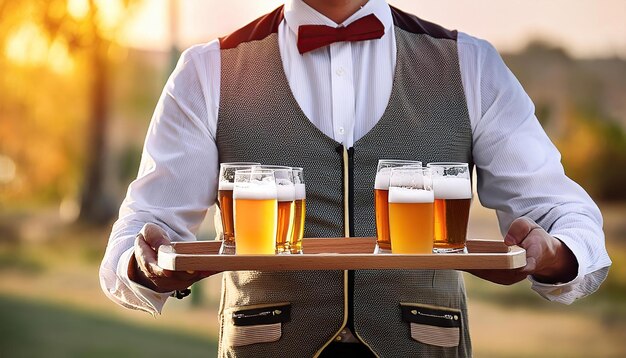 Photo waiter serving beer glasses on tray