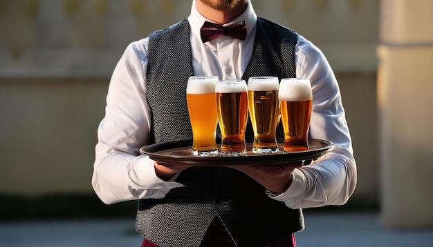 Photo waiter serving beer on a tray