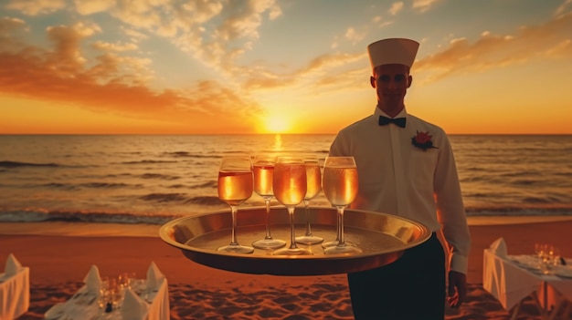 waiter serving champagne on a tray summer beach sun