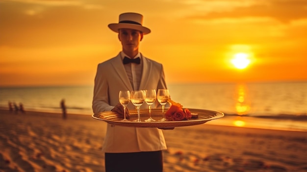 Waiter serving champagne on a tray Summer beach sunset holiday vacation Generative Ai