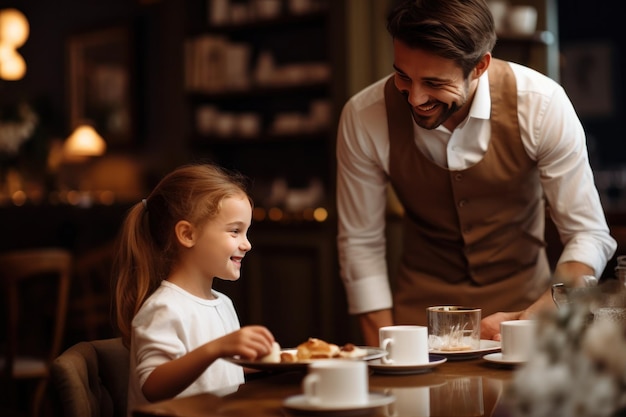 Waiter serving coffee to girl at table