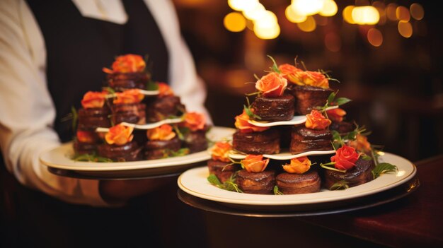 Waiter serving delicious meat dishes at a festive event or elegant wedding reception restaurant