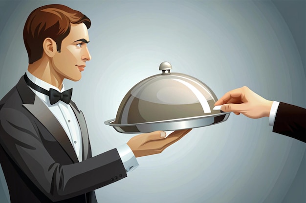 Photo waiter serving silver dish with lid to a dining customer