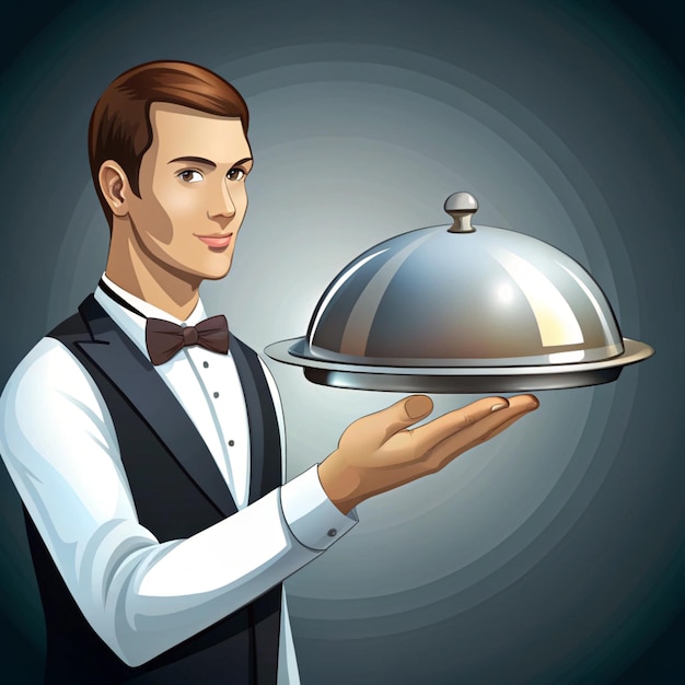 Photo waiter serving silver dish with lid to a dining customer