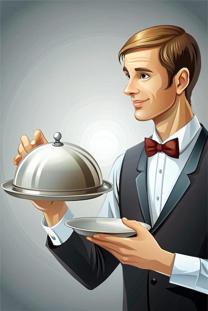 Photo waiter serving silver dish with lid to a dining customer