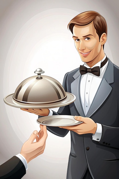 Photo waiter serving silver dish with lid to a dining customer