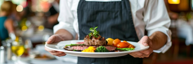 Waiter showcases gourmet meat dishes at elegant event enhancing luxurious restaurant ambiance