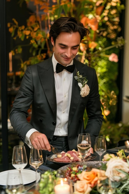 Waiter skillfully serves meat dishes at festive event elevating dining experience in elegant venue