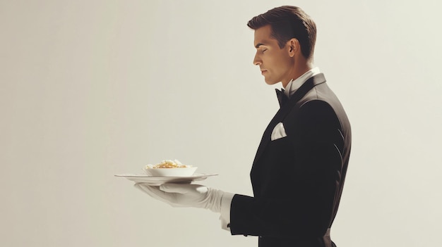 Photo a waiter in a tuxedo and white gloves holds a plate with food