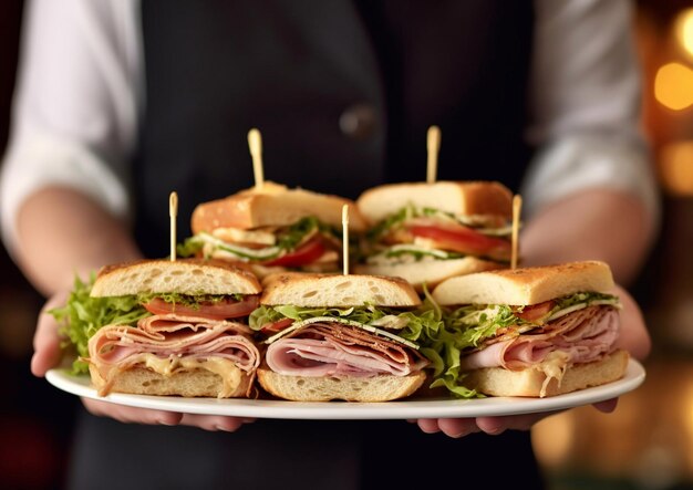 Photo waiter with plate of healthy sandwichesai generative