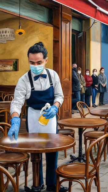 Photo waiter with protective face mask disinfecting tables in a cafe due to coronavirus epidemic