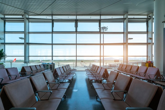 Waiting area with seats in new airport terminal