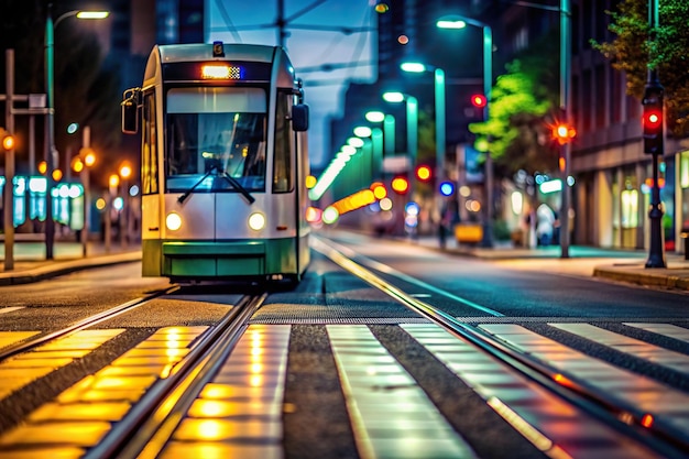 Photo waiting evening transport stop infrastructure street dusk a close up stock photo of a tram waiting at a transport stop with a crosswalk in the background at night