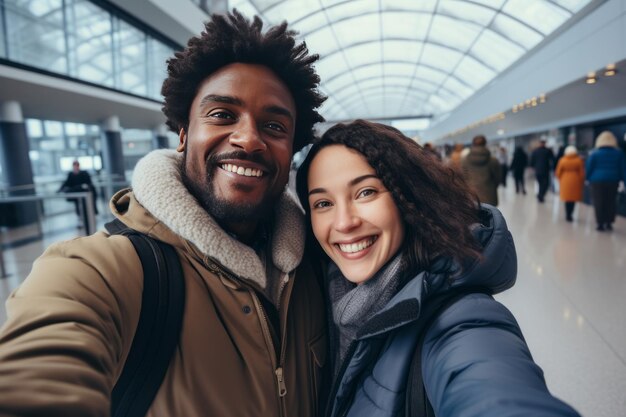 Waiting for the flight Happy black couple taking a selfie together in the terminal before boarding a flight