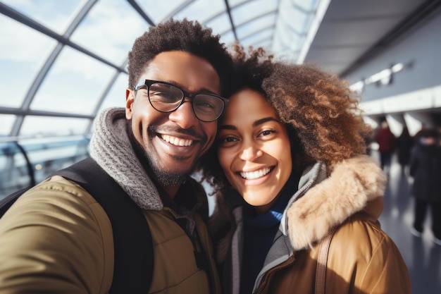 Waiting for the flight Happy black couple taking a selfie together in the terminal before boarding a flight