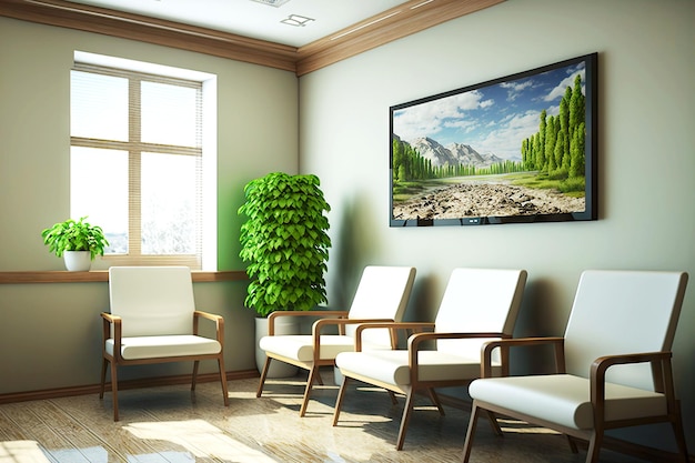 Waiting room in clinic or office with comfortable chairs and large smart tv