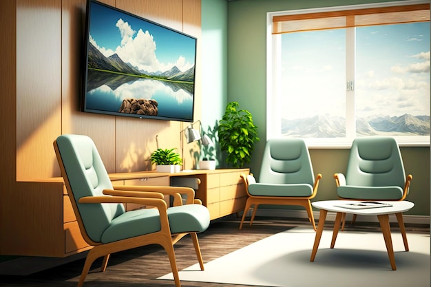 Waiting room in clinic or office with comfortable chairs and large smart tv