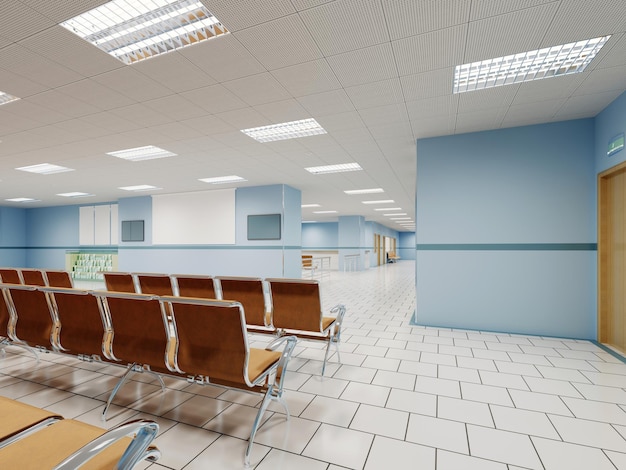 A waiting room in the clinic with orange chairs and light blue walls and white floors 3d rendering