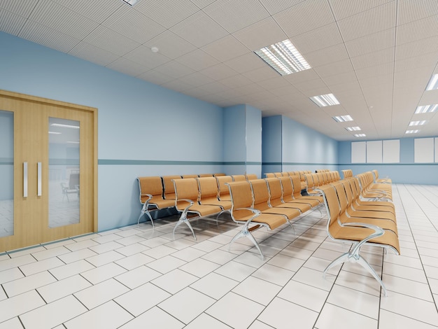 A waiting room in the clinic with orange chairs and light blue walls and white floors 3d rendering