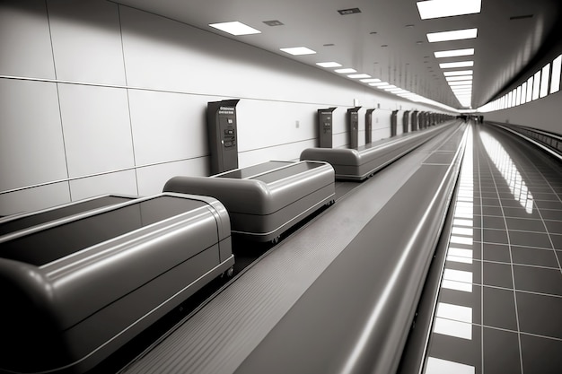 Waiting room with benches in airport baggage claim area