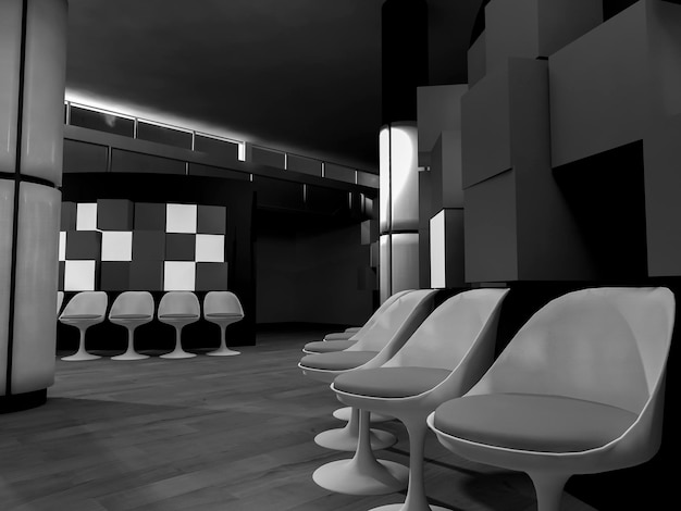 waiting room with chairs in hospital, clean room with shapes in 3d, business space and work