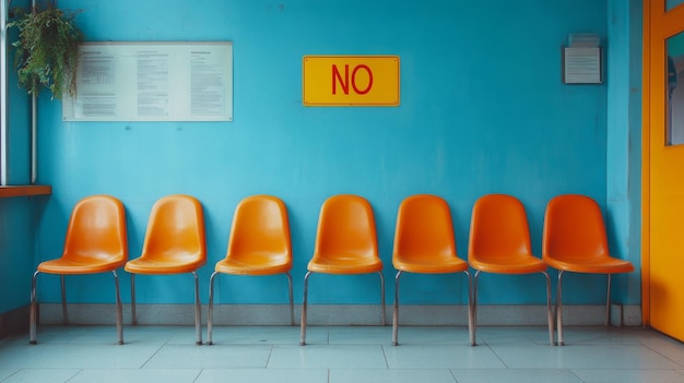 Photo waiting room with orange chairs and no sign